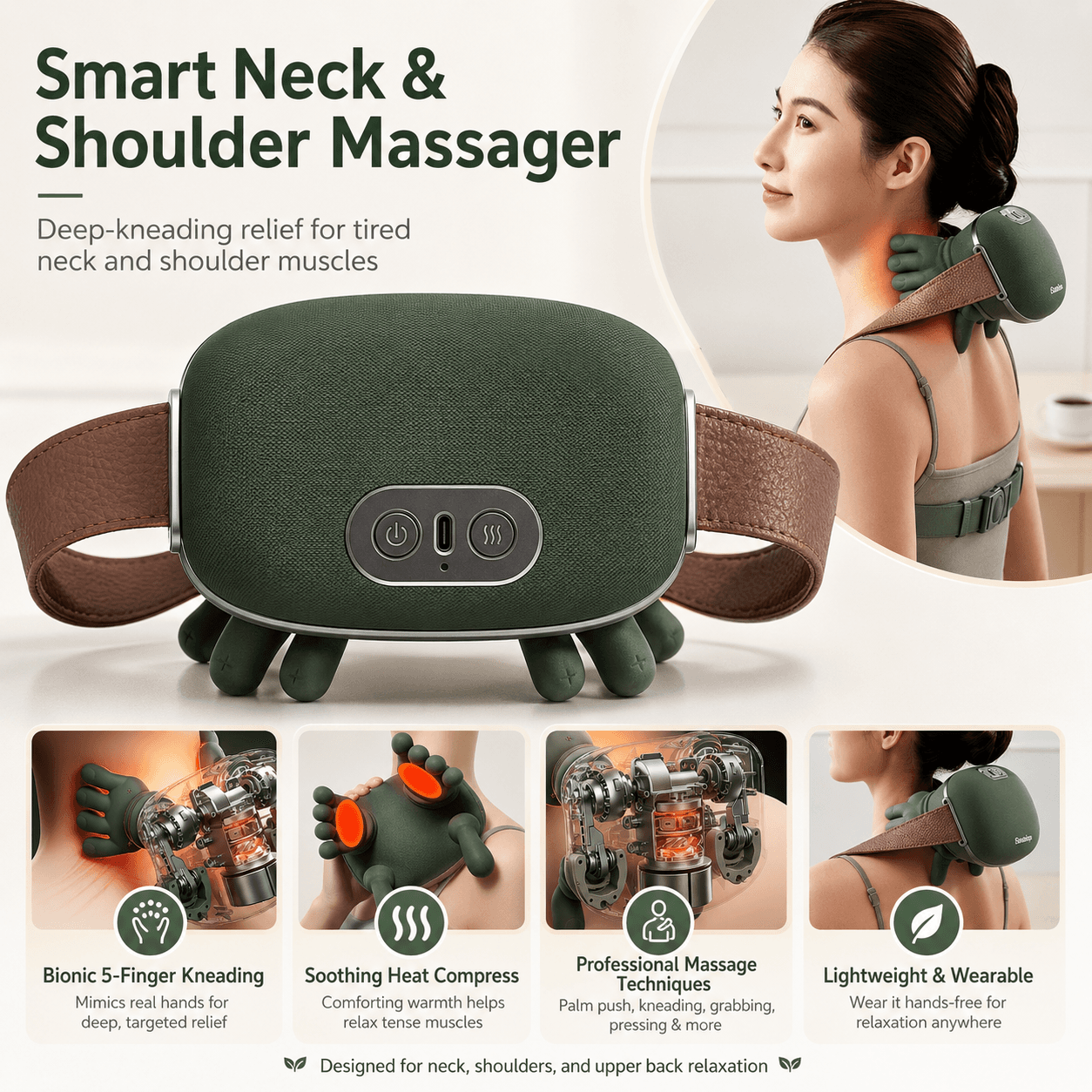 Smart Finger Pressure Neck Massager – Electric Deep Kneading Heated Back & Shoulder Massager